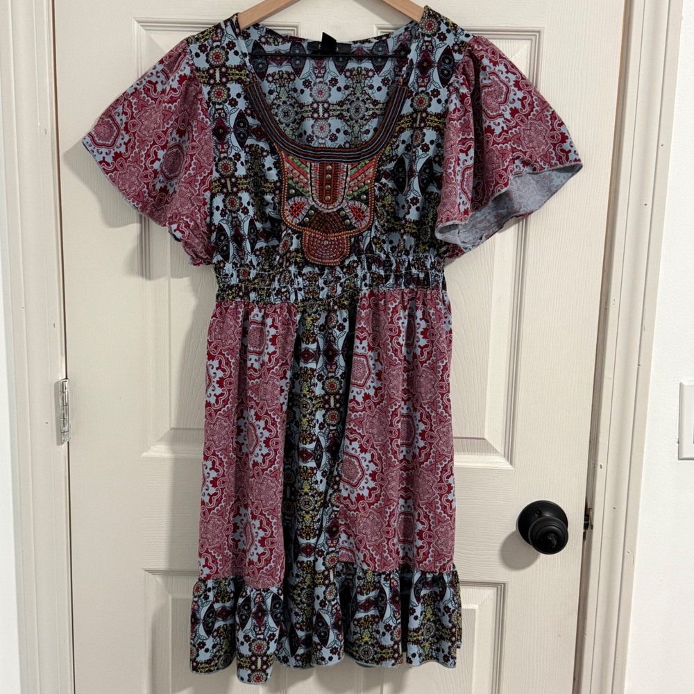Fairy Boho‎ Mini Dress Women Small Paisley Beaded Flutter Sleeve Festival Folk